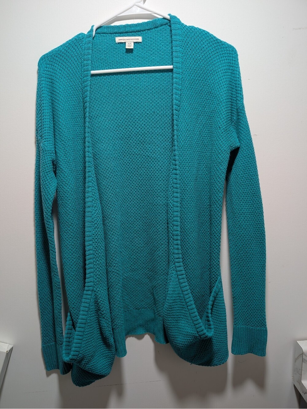 American Eagle Teal Open Knit Front Pocket Cardigan Sweater Cozy Medium M